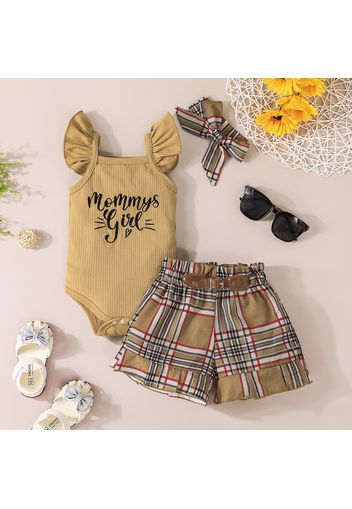 3pcs Baby Girl Letter Embroidered Ribbed Flutter-sleeve Romper and Plaid Shorts with With Set