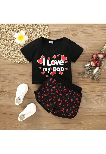 Father's Day 2pcs Toddler Girl Letter Heart Print Short-sleeve Black Tee and Shorts Set