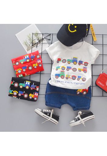 2pcs Toddler Boy Playful Denim and Vehicle Print Tee & Shorts Set