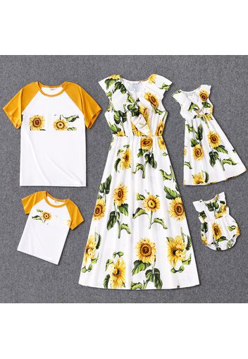 Family Matching Sunflowers Floral Print Cross Wrap V Neck Sleeveless Ruffle Dresses and Short Raglan-sleeve Splicing T-shirts Sets