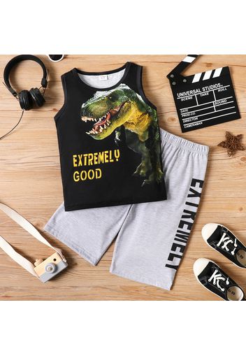 2-piece Kid Boy Animal Dinosaur Letter Print Tank Top and Elasticized Shorts Set