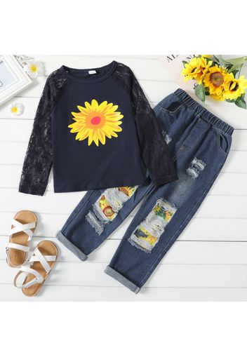 2-piece Kid Girl Floral Print Lace Design Long-sleeve Top and Ripped Denim Jeans Set