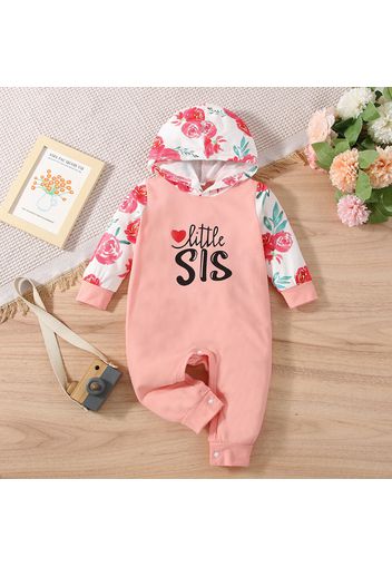 Baby Letter and Floral Print Long-sleeve Hooded Jumpsuit