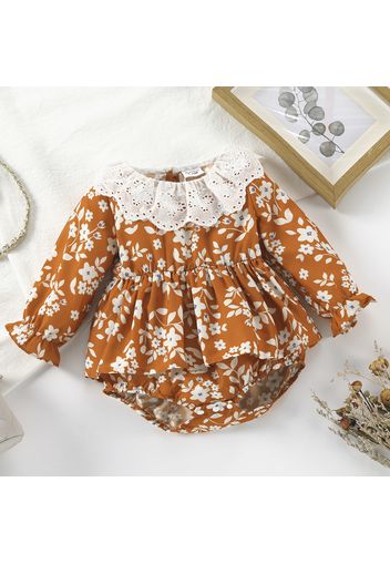 Baby Girl Ruffle Collar All Over Floral Print Brown Long-sleeve Romper