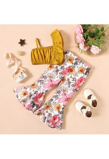 2-piece Toddlrt Girl Ruffled Camisole Tank Top and Floral Print Flared Pants Set