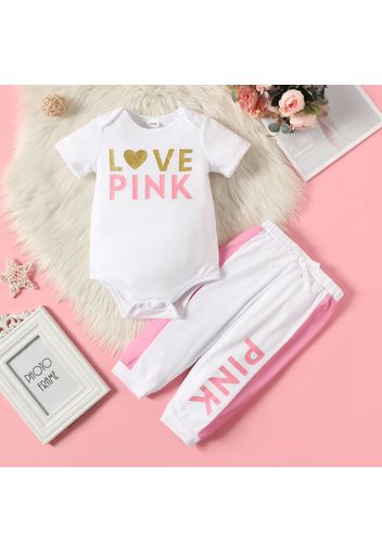 2pcs Baby Girl Letter Print Short-sleeve Romper and Colorblock Sweatpants Set