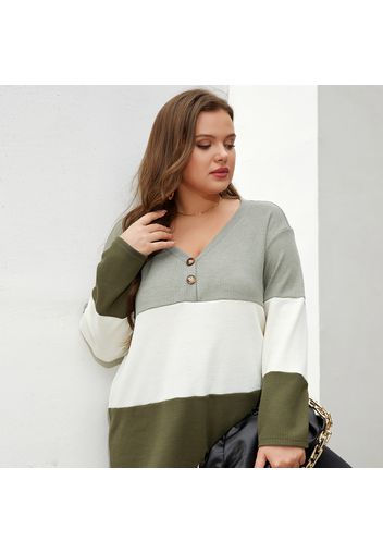 Women Plus Size  Casual Colorblock V Neck Button Design Long-sleeve Tee