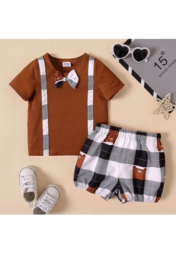 2pcs Baby Boy Bow Tie Decor Ribbed Short-sleeve Top and Cartoon Bear Print Plaid Shorts Set