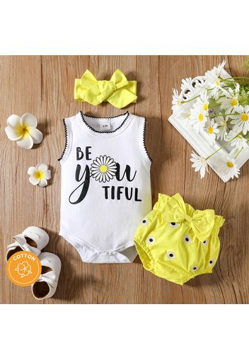 3pcs Baby Girl Daisy & Letter Print Tank Romper and Bow Front Shorts with Headband Set