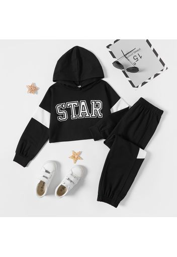 2-piece Kid Girl Letter Print Colorblock Hoodie Sweatshirt and Colorblock Pants Set