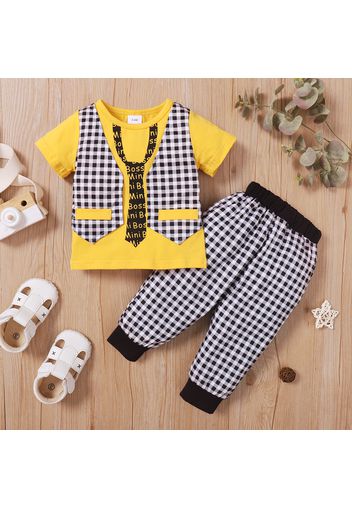 2pcs Baby Boy 95% Cotton Short-sleeve Necktie Print Plaid Waistcoat Faux-two Top and Pants Set