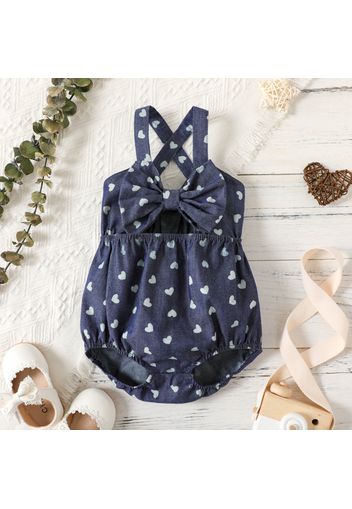 Baby Girl All Over Love Heart Print Imitation Denim Bowknot Hollow out Sleeveless Romper