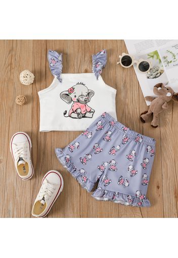 2pcs Toddler Girl Elephant Print Ruffled Silk Cotton Camisole and Elasticized Shorts Set