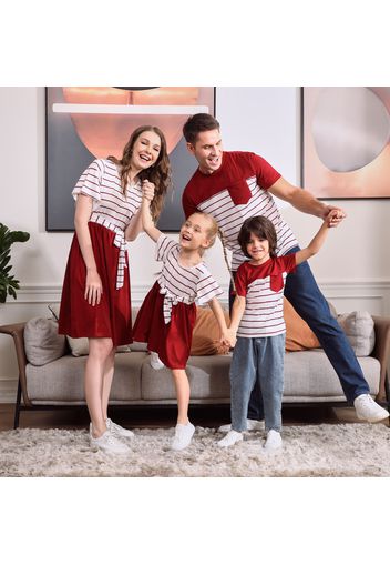 Red and White Striped  Short-sleeve Family Matching Sets(Belted Splicing Dresses and T-shirts)