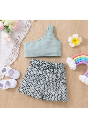 2pcs Baby Girl 100% Cotton Rib Knit One Shoulder Tank Crop Top and Allover Print Shorts Set