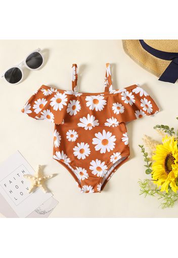 Baby Girl Allover Daisy Floral Print Spaghetti Strap Flounce Trim One-Piece Swimsuit