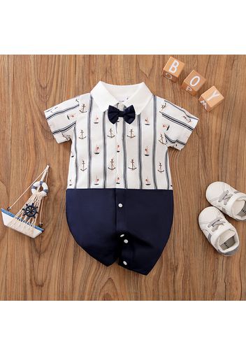 Baby Girl Allover Sailboat Print and Solid Splicing Gentleman Bow Tie Short-sleeve Snap Romper