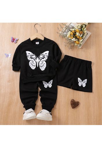 3pcs Toddler Girl Butterfly Print Black Sweatshirt & Shorts and Pants Set