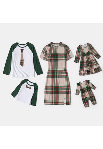 Family Matching Colorblock Plaid Dresses and Raglan Long-sleeve T-shirts Sets