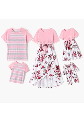 Family Matching Pink Splicing Floral Print Tulip Hem Dresses and Striped Short-sleeve T-shirts Set