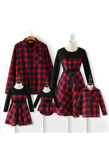 Family Matching Contrast Plaid Long-sleeve Dresses and T-shirts Sets