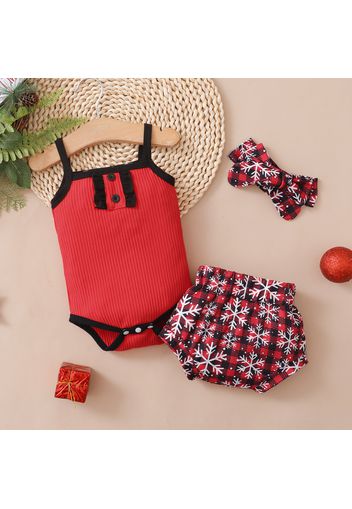 Christmas 3pcs Baby Red Spaghetti Strap Ribbed Romper and Snowflake Print Plaid Shorts Set