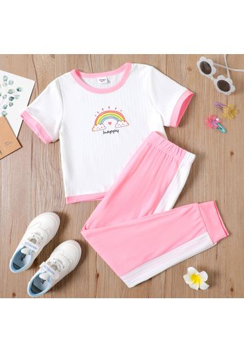 2-piece Kid Girl Letter Rainbow Print Tee and Colorblock Elasticized Pants Set