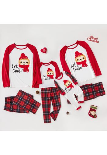 Christmas Animal and Letter Print Red Plaid Family Matching Long-sleeve Pajamas Sets (Flame Resistant)