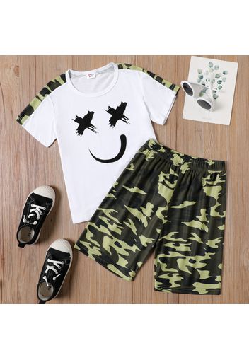 2-piece Kid Boy Face Emoji Print Tee and Camouflage Print Pants Set