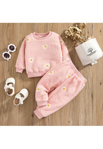 2pcs Baby Daisy Floral Embroidered Pink Fleece Long-sleeve Pullover and Trousers Set