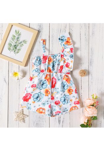 Toddler Girl Floral Print/Orange Ruffled Cami Romper