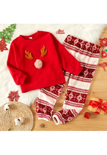 2-piece Kid Girl Christmas Deer Antlers Pompom Pullover Sweatshirt and Geo Pattern Pants Set