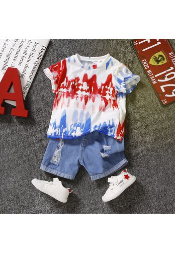 2pcs Toddler Boy Trendy Ripped Denim Shorts and Tie Dyed Tee Set