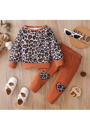 2pcs Baby Girl Leopard Long-sleeve Pullover and Love Heart Pattern Trousers Set