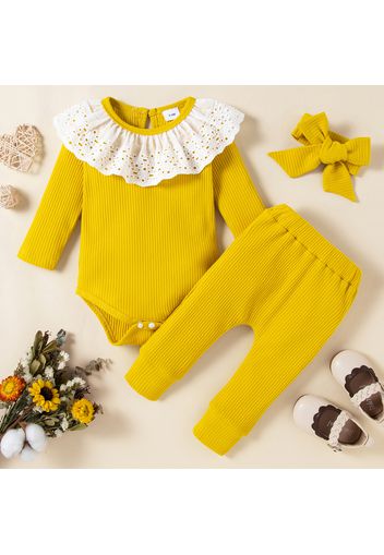 3pcs Baby Girl Ruffle Collar Solid Ribbed Long-sleeve Romper and Leggings Pants Set