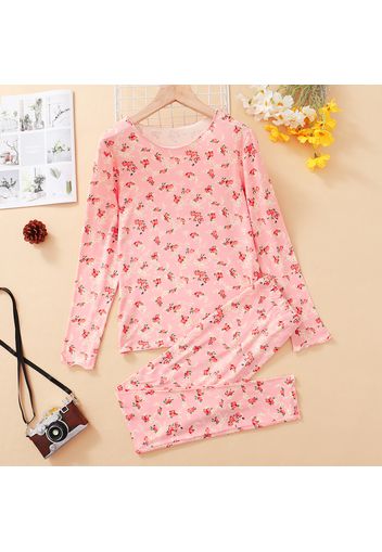 2-piece Kid Girl Floral Print Lettuce Trim Long-sleeve Tee and Pants Set