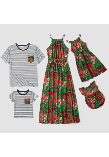 Leaf Print Family Matching Sets( Halter Neck Design Dresses for Mom and Girl ; Striped Short Sleeve T-shirts for Dad and Boy)