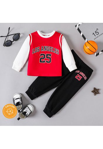 2pcs Baby Boy 95% Cotton Long-sleeve Faux-two Letter & Number Print Top and Sweatpants Set