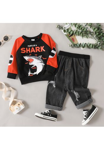 2pcs Toddler Boy Letter Shark Print Raglan Sleeve Pullover Sweatshirt and Ripped Denim Jeans Set