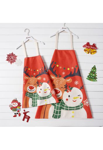 Christmas Deer and Snowman Print Red Apron for Mom and Me