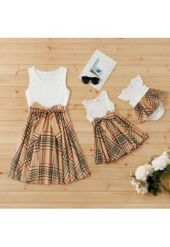 White Sleeveless Ribbed Splicing Plaid Belted Dress for Mom and Me