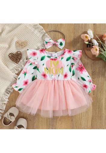 2pcs Baby Girl Letter and Floral Print Ruffle Long-sleeve Splicing Pink Mesh Dress with Headband Set