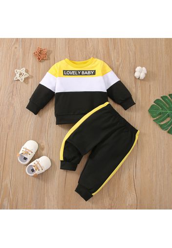 2pcs Baby Girl Letter Print Color Block Long-sleeve Sweatshirt and Trousers Set