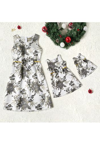 All Over Jacquard Silver Sleeveless Party Dress for Mom and Me