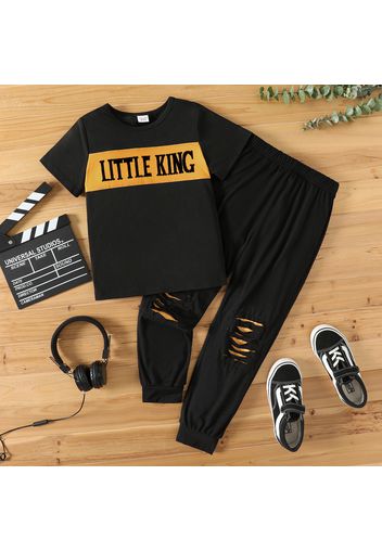 2pcs Kid Boy Letter Print Short-sleeve Black Tee and Ripped Pants Set