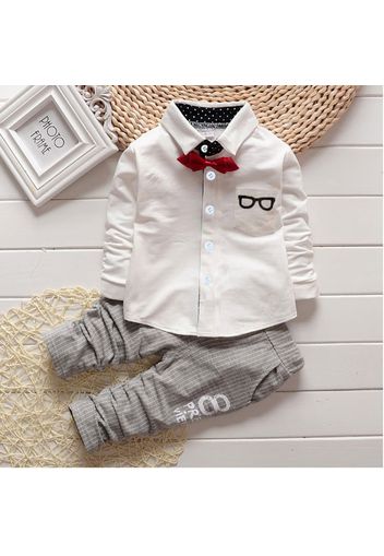 2pcs Toddler Boy Gentleman Suit, Lapel Collar Bow tie Design Shirt and Letter Print Pants Set