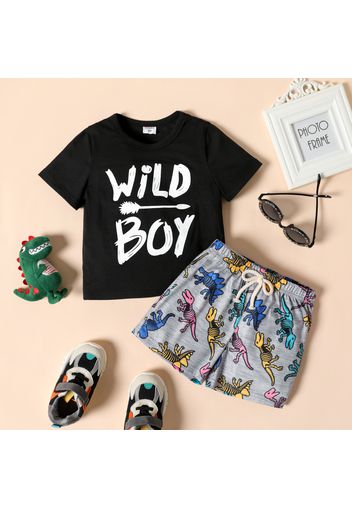 2-piece Toddler Boy Letter Print Black Tee and Dinosaur Print Elasticized Shorts Set