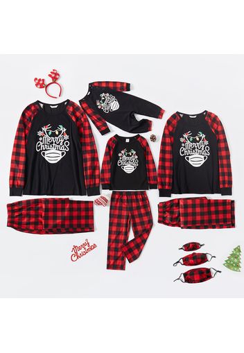 Christmas Letters and Face Mask Print Plaid Family Matching Long-sleeve Pajamas Sets (Flame Resistant)