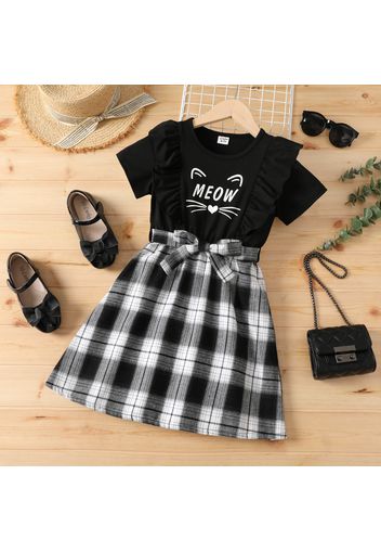 Kid Girl Cat Print Plaid Splice Belted Ruffled Short-sleeve Dress