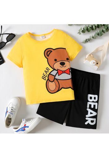 2pcs Kid Boy Letter Animal Bear Print Short-sleeve Yellow Tee and Black Shorts Set